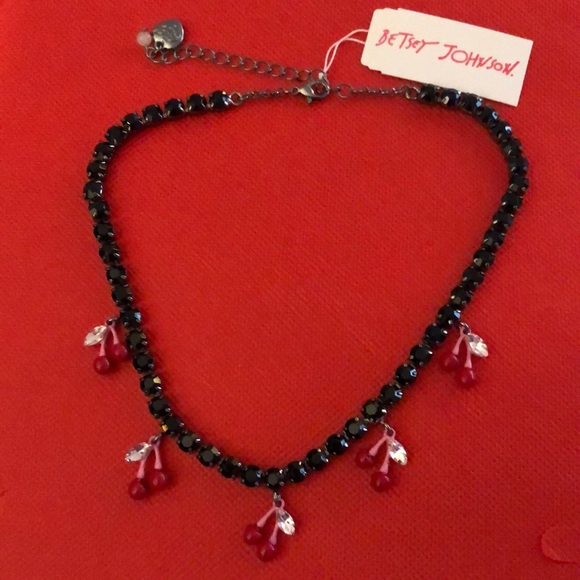 Betsey Johnson Hematite Tone Black Crystal Tennis Necklace Cherry Charms NWT - Picture 12 of 12